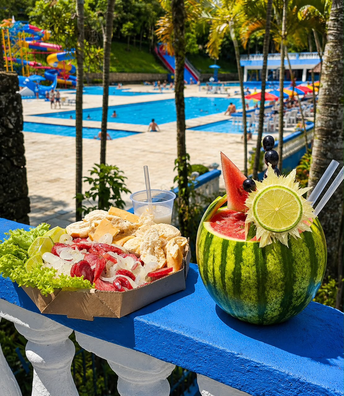Comidas e bebidas com piscinas ao fundo